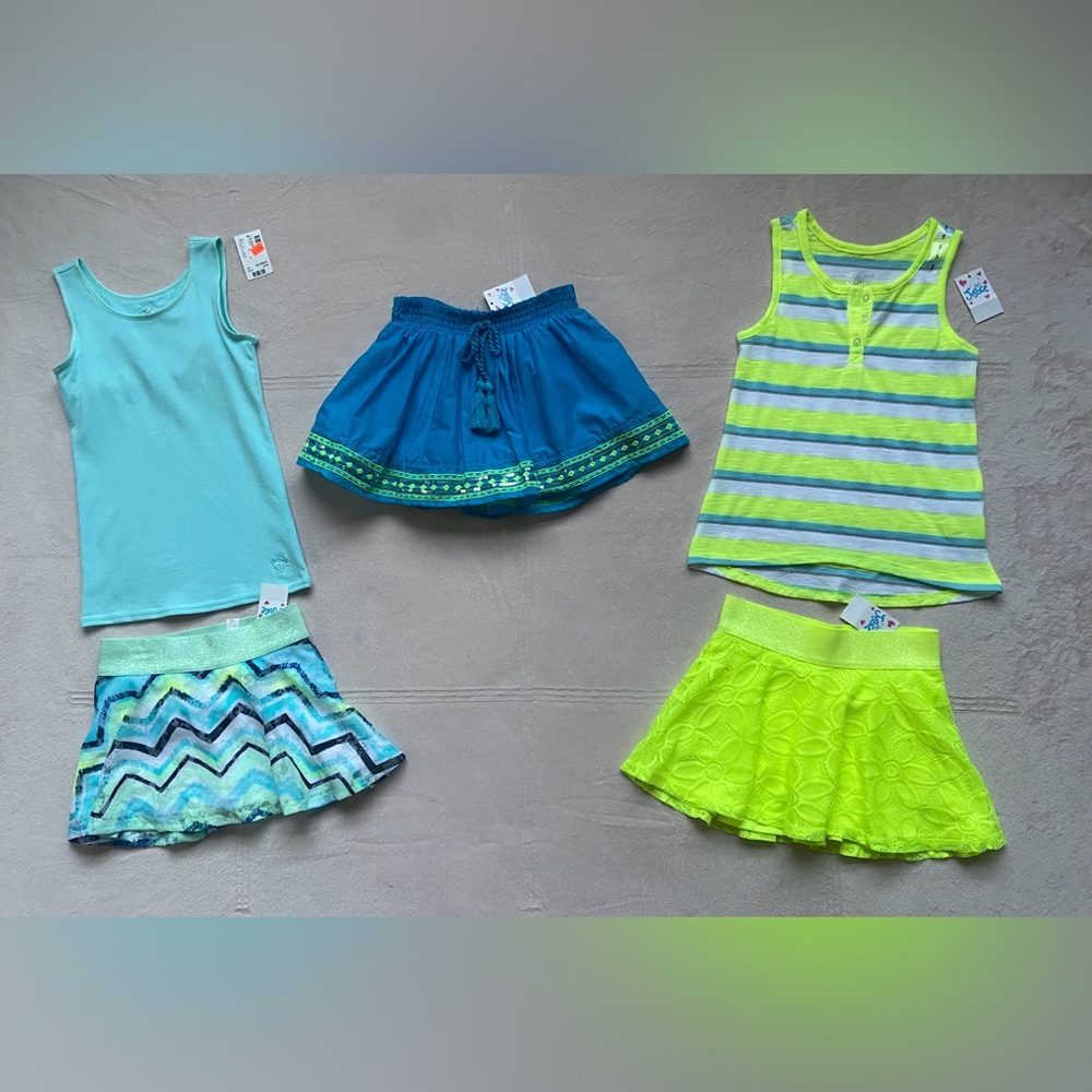 JUSTICE Girls Tank and Skort Sets - Aqua, Blue, Neon Yellow, Size 5, NWT
